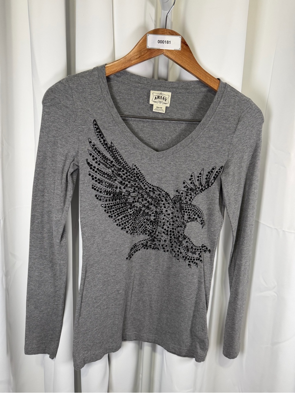Ariat XS Gray Rhinestone Eagle Freedom Long Sleeve Western Top